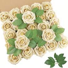 25 pièces de fleurs artificielles, roses en mousse d'ivoire factices à l'aspect naturel avec tiges pour bouquets de mariage DIY, centres de table pour la douche de mariée, arrangements, décorations de tables de fête, décoration florale pour la maison