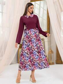 Vestido largo con manga larga, cierre de cordón en la cintura, estampado de retazos, estilo casual, modesto, tipo abaya, kaftán, jaladibiya, vestido árabe, para verano