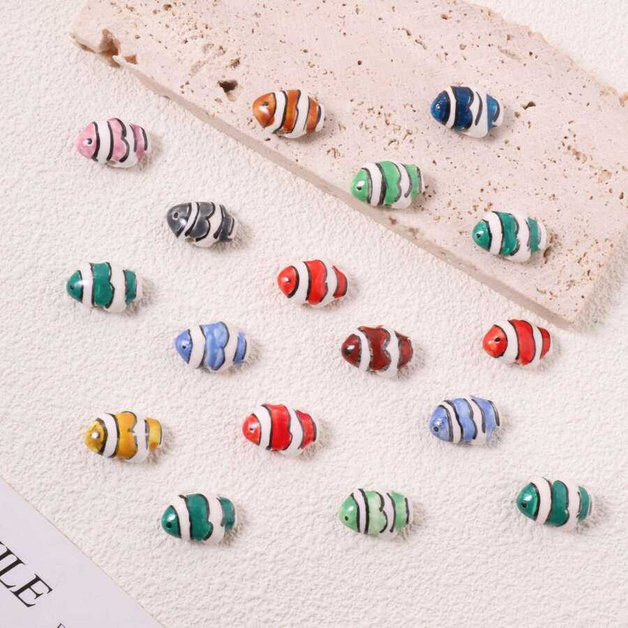 5pcs Hand-Painted Colorful Clownfish Ceramic Beads, Tropical Striped Clownfish Beads For Jewelry Making DIY Bracelets, Necklaces, Earrings, Phone Charms, Craft Decoration, Great For Mother's Day, Back To School, Holiday Gifts