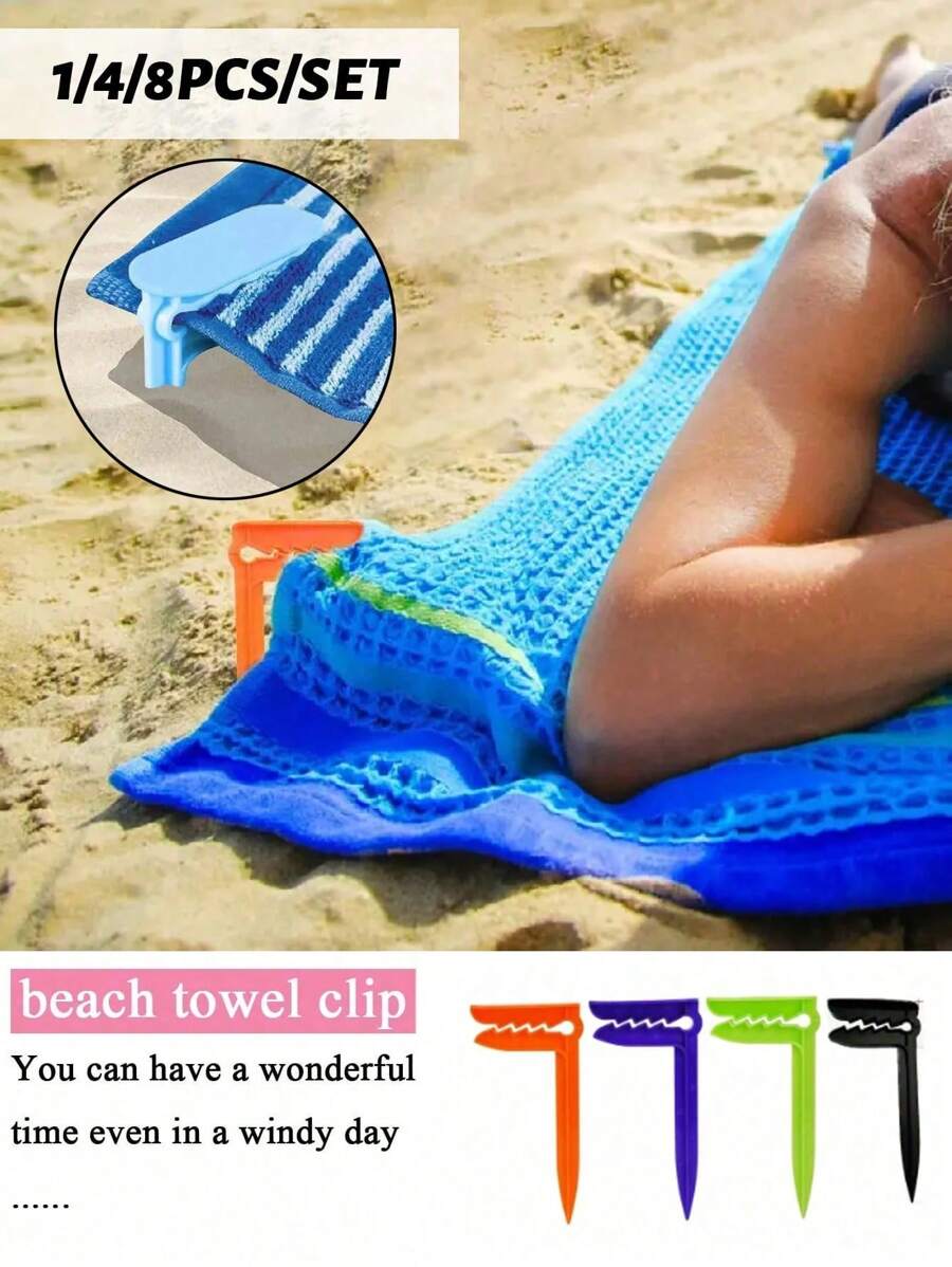 4/1pc Outdoor Beach Towel Clips -Outdoor Anchor Stakes, Beach Towel/Picnic Mat Anchor Clips Stakes- Securely Hold Towels And Sheets For Camping And Beach Trips