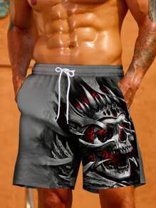 Men's Shorts Beach Pants, Casual Outdoor Sports, Halloween Skull Art 3D Digital Print, Daily Casual Holiday Home Drawstring Waist Lightweight Shorts - Grey - View 1