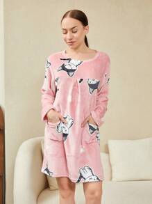 Camisón de Invierno para Mujer, Pijamas de Polar con Manga Larga, Cuello Redondo y Estampado, Dobladillo Largo(Recomendado para personas de 50 kg,No se limita al color mostrado en la imagen) - Multicolor - Ver 5