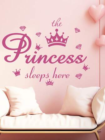 1pc Crown Rhinestone Wall Decals Prince Princess Sleep Here Wall Stickers Removable DIY Mural Art Words With Flower Quotes Vinyl Stickers For Girls Bedroom Living Room Nursery Home Background Nursery Home Decor
