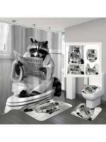 1/4pcs Raccoon Bathroom Shower Curtain Set, Bathroom Shower Curtain Set, Waterproof Fabric, Shower Curtain With 12 Hooks Back To School