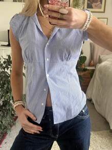 Women Y2k Button Down Shirt Top Fairycore Dot Print Short Sleeve V Neck Button Down T Shirts Crop Tops Summer Slim Fit Going Out Tops Blouse E-Girl Vintage Aesthetic Clothes Streetwear