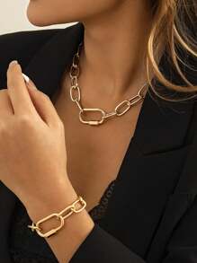 1 Set Minimalist Hollow Out Chain Necklace And Bracelet Jewelry Set For Women, Fashion Versatile 2pcs