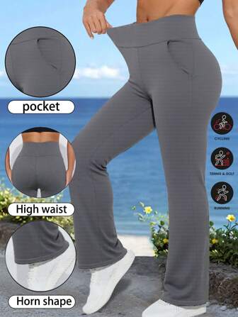 Pocket Sports Leggings Wide Leg Women High Waisted Sports Pants Hip Butt Lifter Workout Leggings Yoga Pants Full Length Elastic Waistband Pants