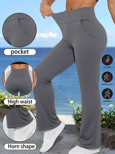 Pocket Sports Leggings, High Waist Wide Leg Sports Pants, Butt Lifting & Shaping Sports Leggings, Yoga Pants, Full Length Elastic Waist Pants
