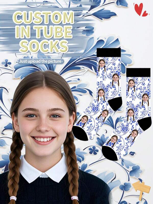 1 Pair Of Customized Face Children's Mid Tube Socks, Put Any Face On Socks,Boy And Girl, Personalized Socks For With Photos, Interesting Customized Picture Pairs With Medium To Long Socks, Suitable For Valentine's Day