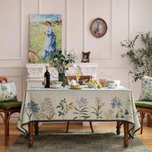 1pc Farmhouse Floral Rectangle Tablecloth, Vintage Linen Leaf & Flower Pattern Design, Suitable For Kitchen, Dining Room Decor, Party Picnic Decoration, Home Accessories