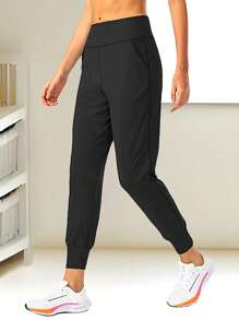 Pantalones deportivos sueltos de verano para mujer para actividades al aire libre, pantalones casuales con bolsillos con cremallera trasera, pantalones jogger de fitness, pantalones de tobillos con cordón - Negro - Ver 4
