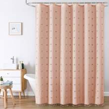 1pc Pink Plush Embroidered Ball Tassel Shower Curtain, Simple 3D Cut-Out Waterproof Polyester Bathroom Curtain, Comes With Hooks Home Bathroom Decor Fall Decor Bathroom Accessories Back To School - Pink - View 4