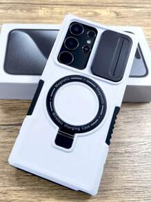 防震装甲滑盖磁力支架无线充电外壳兼容三星 Galaxy S25 S24 S23 S22 Ultra Plus 防震防摔保护套防水防刮 - 白色 - 查看 2