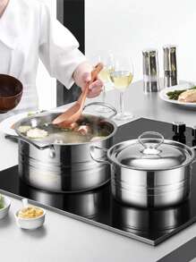Batería de Cocina de Acero Inoxidable de 5 Piezas, Batería de Cocina de Acero Inoxidable de Doble Asa, Batería de Cocina con Tapa, Placa de Inducción - Plateado - Ver 4