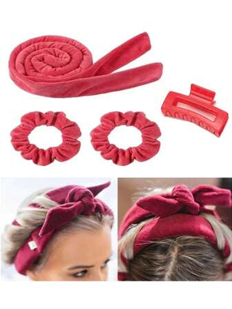 4pcs Bow Headband & No-Heat Curling Wand Set, Suitable For DIY Hairstyling At Home