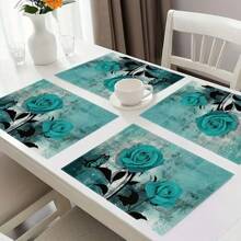 4 piezas, empacadas en 6 piezas, Individuales de mesa, diseñados con un patrón de rosa azul oscuro sobre lino, individuales de mesa, hechos de poliéster lavable a máquina, tamaño 12 * 18 pulgadas/30 * 45cm, resistentes al calor, adecuados para decoración del hogar, restaurante, decoración de hotel