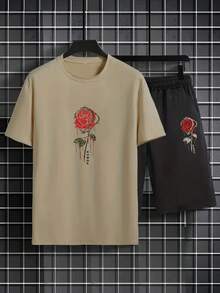Pink Flower T-Shirt And Bermuda Shorts Set For Men's Fashion