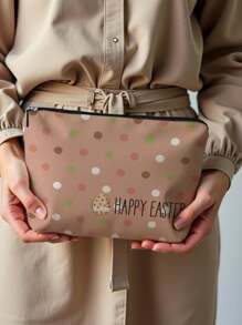 1pc Easter Rabbit Wreath, Butterfly & Letter Linen Print Cosmetic Bag, Cute Travel Makeup Pouch And Multifunctional Coin Purse, Lightweight Gift For Women