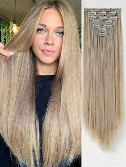 24 Zoll 7-teiliges Clip-In Haarverlängerungen Set, lange gerade synthetische Haarverlängerung für täglichen Gebrauch von Frauen und Mädchen