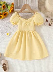 Young Girls Puff Sleeve Off Shoulder Elegant Party Dress, Versatile & Comfortable Summer ' One-Piece Dress - Yellow - View 2