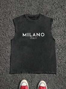 Plus Size Men's Casual Milano English Print Round Neck Washed Vest, Streetwear Y2K Style, Suitable For Daily Wear