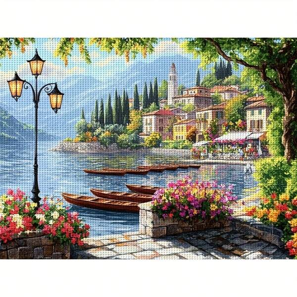 JOZYSH 1 Set ThreadLux Counted Cross Stitch Adult Set 30x40cm/11.8x15.7in Holiday Gift Home Decoration With Easy Cross Stitch Lakeside Town, 11CT/14CT White Fabric Embroidery Crafts Pin Point Set Four Seasons