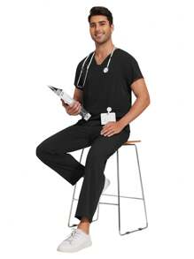 Surgical Uniforms Men Scrubs Nursing Sets Tops+Pants Suit Murse Scrubs Uniform Beauty Salon Work Clothes Hospital Scrubs Sets - Black - View 5