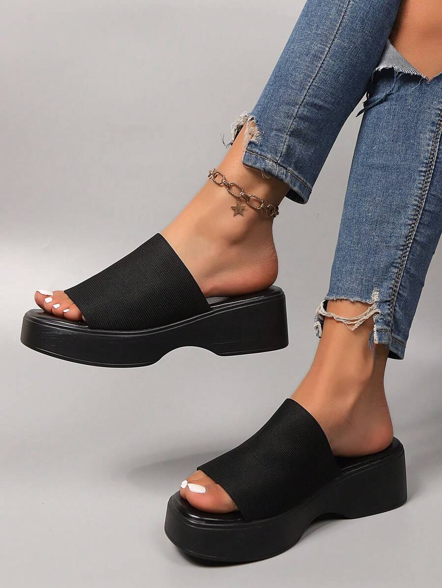 Women's Flat Slip-On Slippers, Flat Sandals, New Summer Thick-Soled Casual Comfortable Women's Shoes, Slip-On Sandals, Woven Elastic Fabric Square Toe Women's Shoes, Solid Color Slippers Women Black Beach Shoes, Retro Thick-Soled Slippers - 黑色 - 查看 1