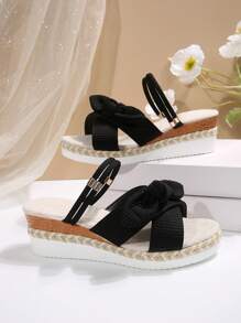 Plus Size Women's Bow Decor Open Toe 2-Way Linen Rope Bottom Wedge Heel Thick Sole Beach Sandals, Black Fashion Versatile Comfortable Roman Sandals, Spring/Summer - Black - View 6