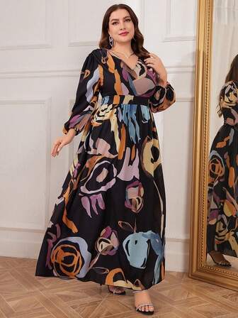 大码女式图案灯笼袖连衣裙