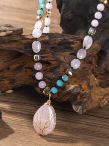 1pc/Natural Stone Powder Crystal Round Bead Oval Bead Glass Knot Necklace Square Crystal Bead Life Tree Water Drop Pendant Bead String Handmade Fashion Design Neutral Bohemian Style Sweater Long Necklace, Holiday Party To Give Friends Fashion Jewelry Gift