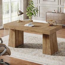 LITTLE TREE 55 Inches Executive Desk, Mid-Century Modern Home Office Desk With Double Trapezoid Base, Wood Computer Desk Business Workstation Desk Small Conference Table, Brown