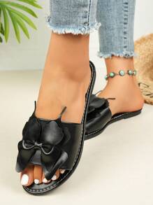 1 Pair Teenage Girls/Ladies PU Material Flat Comfortable Casual Sandals, Fashion Butterfly Decor Soft Bottom Suitable For School, Party, Plus Size, Solid Color Summer Slip-On Sandals - Black - View 6