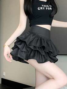 芭蕾风荷叶边裙女高腰百褶迷你裙甜美辣妈蛋糕裙夏季新款百搭优雅防走光半身裙 - 黑色 - 查看 6