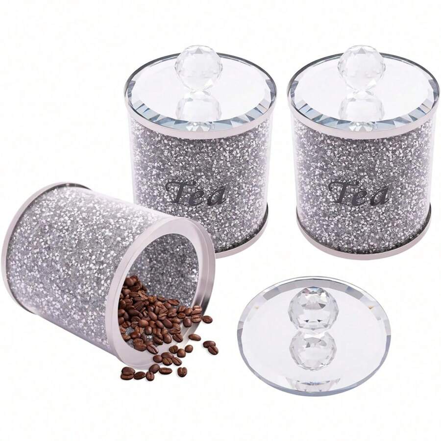 SENDERPICK Juego de 3 recipientes para azúcar, café y té - Recipientes con tapas de cristal espejado - Cristal brillante - Cristal espejado - Recipientes con tapa para azúcar