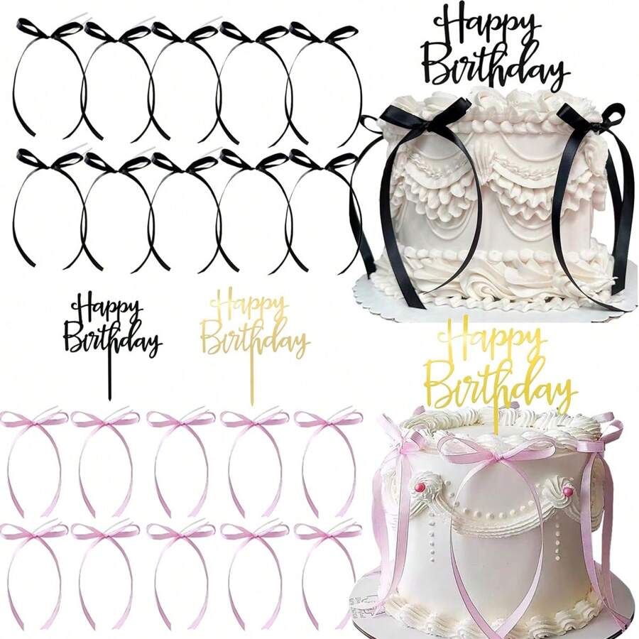 7 Pcs Bow Cake Topper Ribbion Cake Topper With Happy Birthday Sign Black Pink Bow Theme Vintage Cake Decorations For Birthday Party Decor