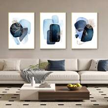 3 PIEZAS Arte de pared abstracto azul minimalista moderno, lienzos decorativos, pinturas colgantes con formas geométricas y elementos naturales, para decoración de sala de estar, dormitorio y hogar, sin marco