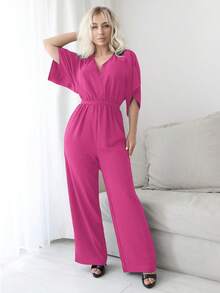 Combinaison ample décontractée d'été pour femmes, avec col en V, dos nu et liens, style sexy et décontracté - Rose vif - Voir 9