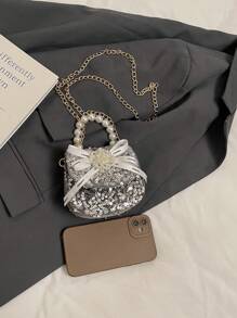 Pu Magnet Closed Fashion Bow Sequin Pearl Handbag Bag, Niche Design Exquisite Girls Lipstick Dinner Chain Bag Comfortable Sweet Fashionable One-Shoulder Crossbody Mini Bag, Smooth And Versatile And Not Picky, Suitable For Daily Outings, Play, Use The Perfect Gift For Girls, Friends, And Relatives. - Pearl Handbag - View 8