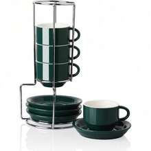 SWEEJAR - Tazas de café expreso de porcelana con platillos apilables de 118ml con soporte de metal para bebidas de café, latte, té, juego de 4 (Black) - Salida - Ver 1