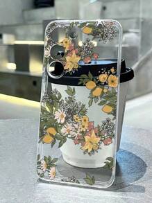1pc Precision Perforated High Transparency Lemon Flower Branch Pattern Soft Protective Phone Case, Suitable For IPhone 16, Series