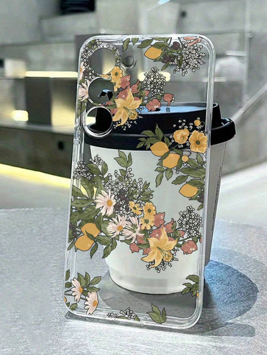 1pc Precision Perforated High Transparency Lemon Flower Branch Pattern Soft Protective Phone Case, Suitable For IPhone 16, Series