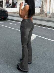 Women's Flared Jeans With Elastic Tearing And Holes, Tight And Sexy Belly Control, Comfortable Buttocks, Women's Flared Jeans - Xám - Xem 5