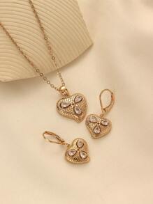 1 Set Elegant Cubic Zirconia Heart Shape Copper Metal Pendant Necklace And Earrings Jewelry Set, Suitable For Women, Daily Wear Or Gift