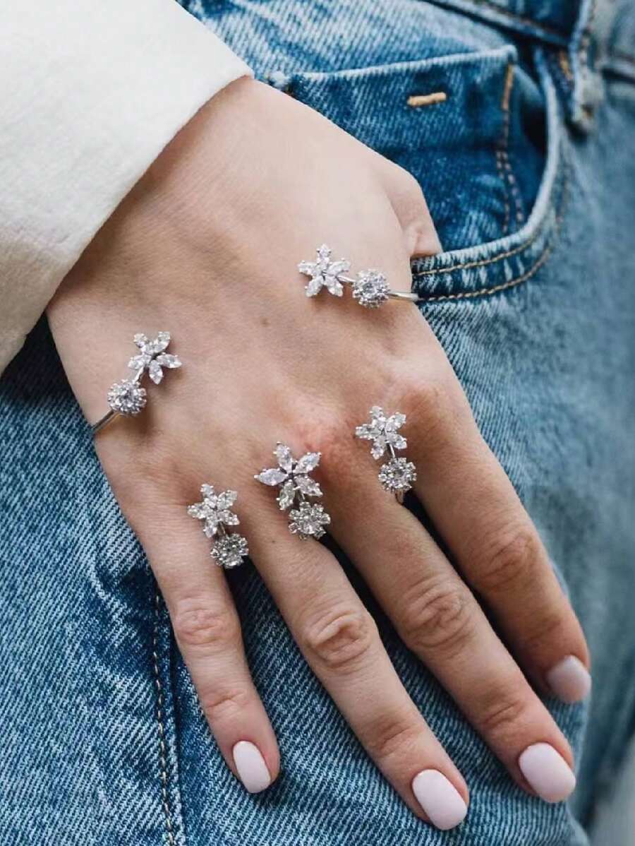 1 vòng tay hoa đính đá Rhinestone, thiết kế hở cổ tay đính kim cương, phụ kiện trang sức sang trọng và thời trang dành cho nữ (vòng tay có thể điều chỉnh) - Bạc - Xem 1