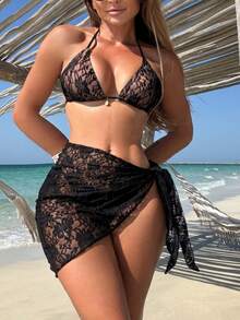 1pc Women Two Pieces Swimwear, Sexy Solid Color - Black - View 3