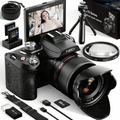  Cámaras digitales NBD 5K y 64MP para fotografía, cámara con zoom óptico de 16X con WiFi y control por aplicación, cámara de vlogueo con pantalla de 3 pulgadas giratoria de 180°, enfoque automático, bolsa, 2 baterías, correa de cámara y tarjeta de 32 GB