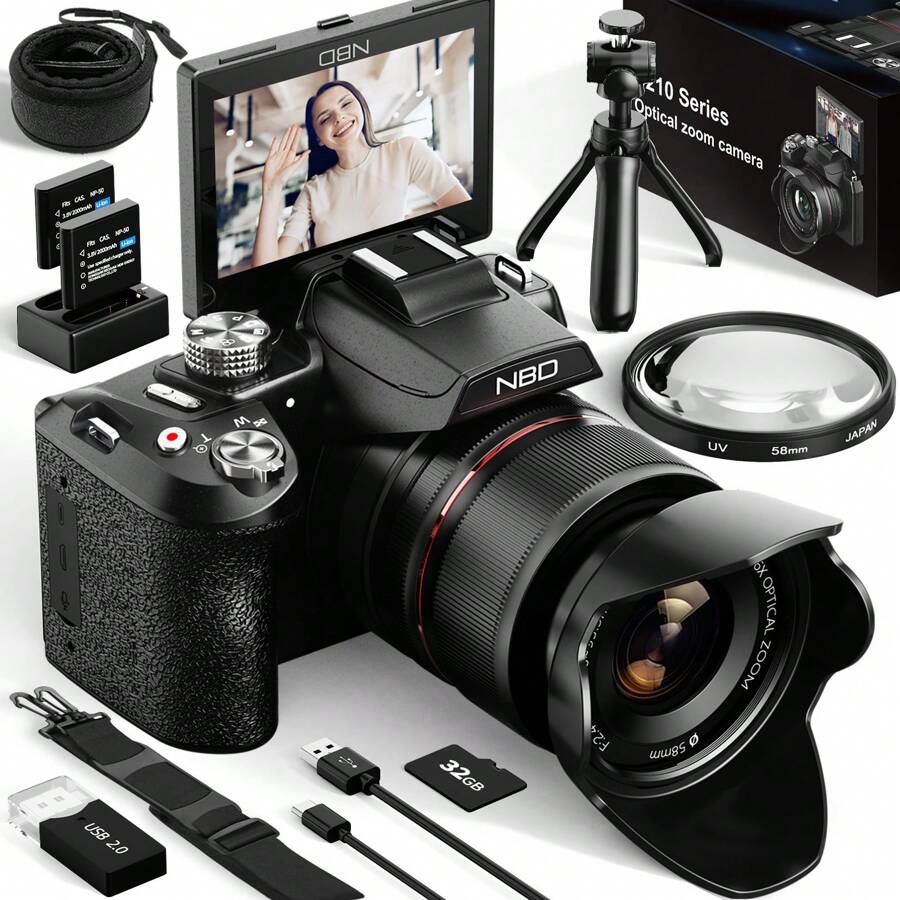 NBD 5K&64MP Digital Cameras For Photography, 16X Optical Zoom Camera With WiFi & App Control, Vlogging Camera With 180°Flipable 3-Inch Screen, Auto Focus,Bag,2 Batteries,Camera Strap&32GB Card - 黑色 - 查看 1
