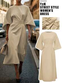 فستان نسائي أنيق للارتداء اليومي بتصميم غير متماثل، بأكمام ثلاثة أرباع مطوي مع شق طويل أنيق للارتداء اليومي