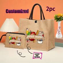 Regalo personalizado para maestros con impresión de nombre personalizado | Conjunto de bolsa de compras reutilizable de lino caqui y yute, y billetera | Detalles en metal negro para la Semana de la Enfermera/Día de la Madre/Apreciación a Maestros | Bolso multiuso para la playa y organizador de viaje